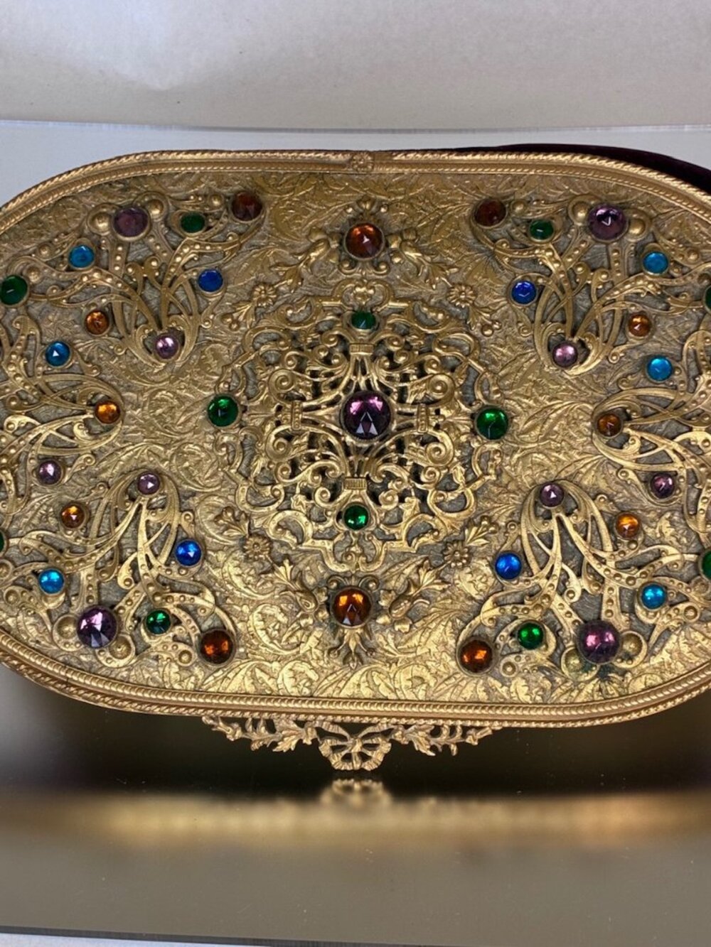 SOLD MOTHER'S DAY SALE,Large 10" Vintage Apollo Gold Jewelry Box  Bejeweled Top